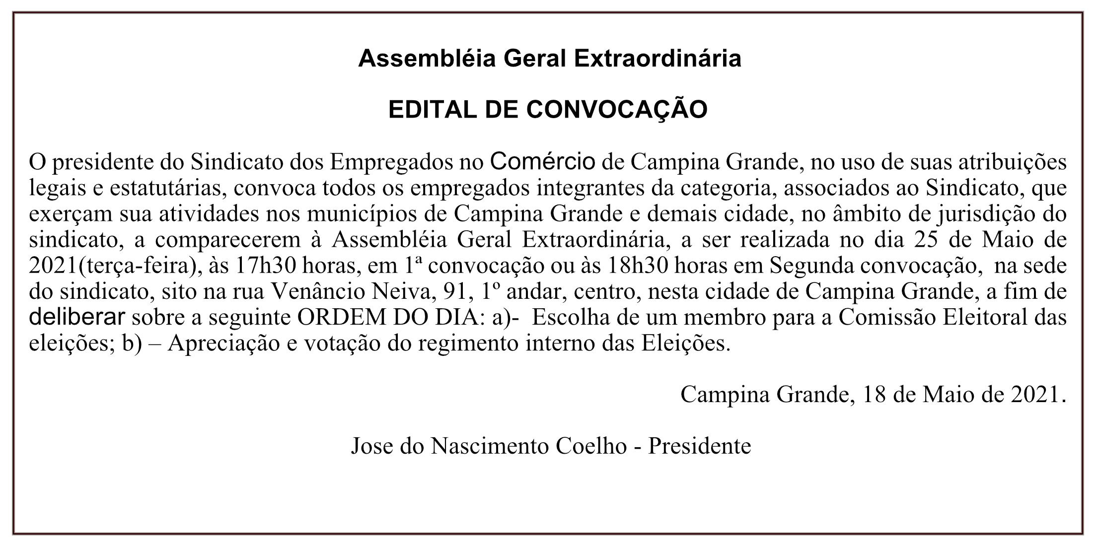 Sindicato dos Empregados no Comércio de Campina Grande – Assembléia Geral Extraordinária – EDITAL DE CONVOCAÇÃO