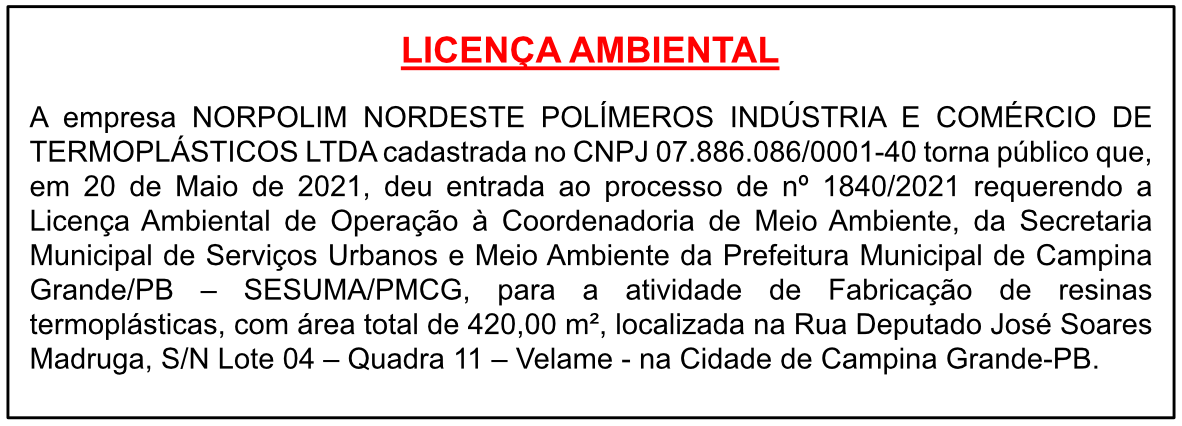 NORPOLIM NORDESTE POLÍMEROS INDÚSTRIA E COMÉRCIO DE TERMOPLÁSTICOS LTDA – LICENÇA AMBIENTAL