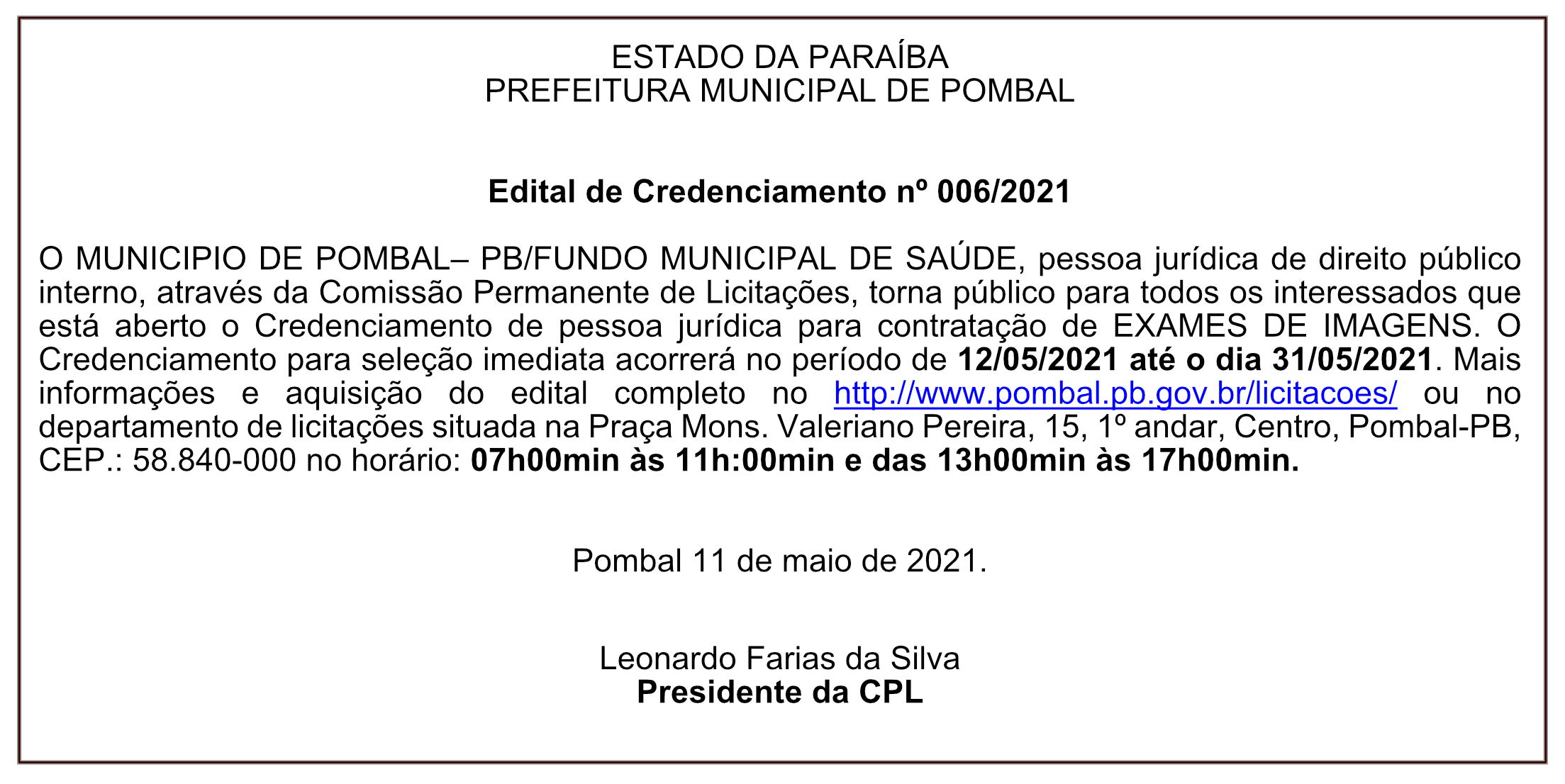 PREFEITURA MUNICIPAL DE POMBAL – Edital de Credenciamento Nº 006/2021