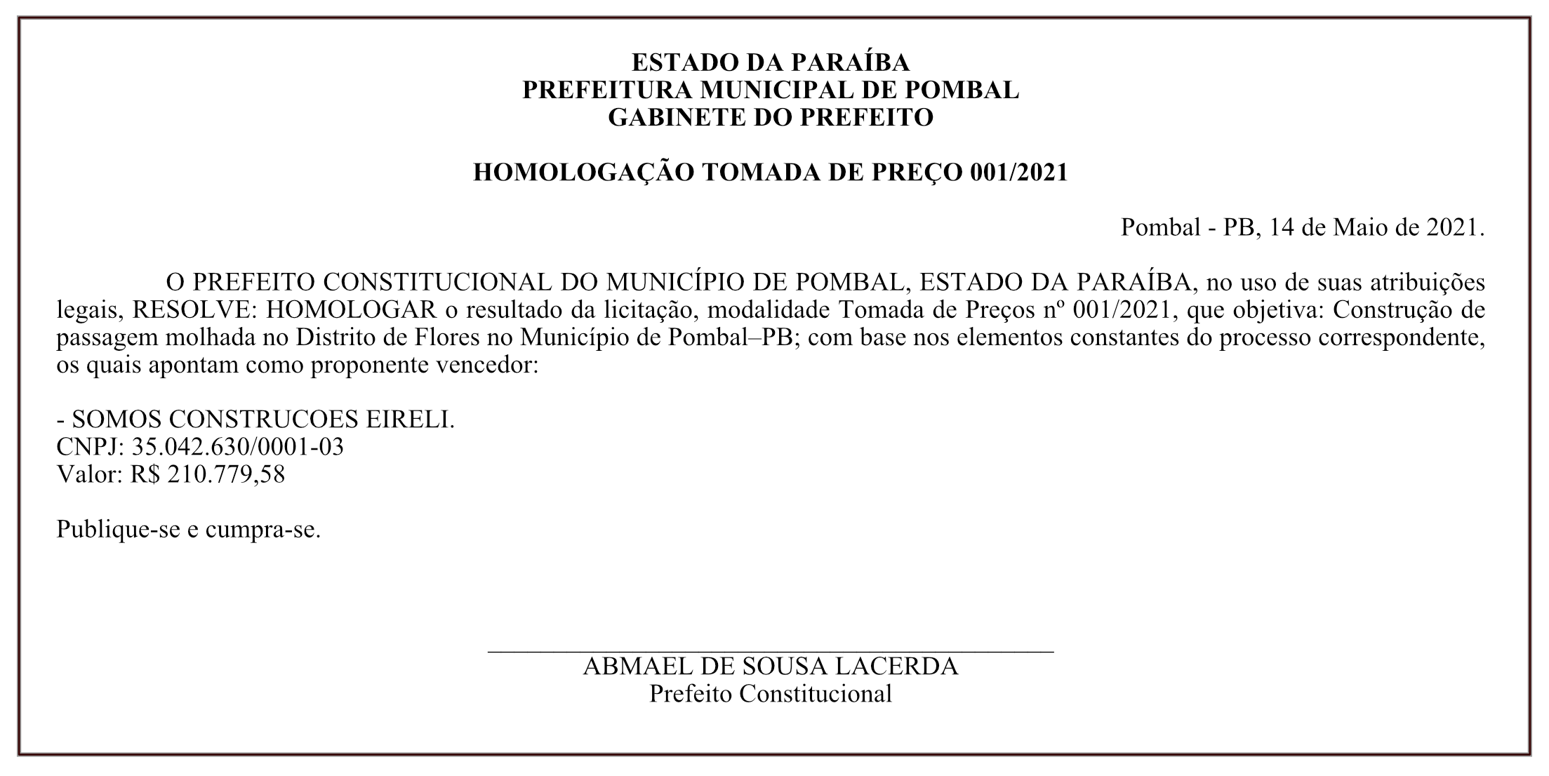 PREFEITURA MUNICIPAL DE POMBAL – GABINETE DO PREFEITO – HOMOLOGAÇÃO – TOMADA DE PREÇO 001/2021