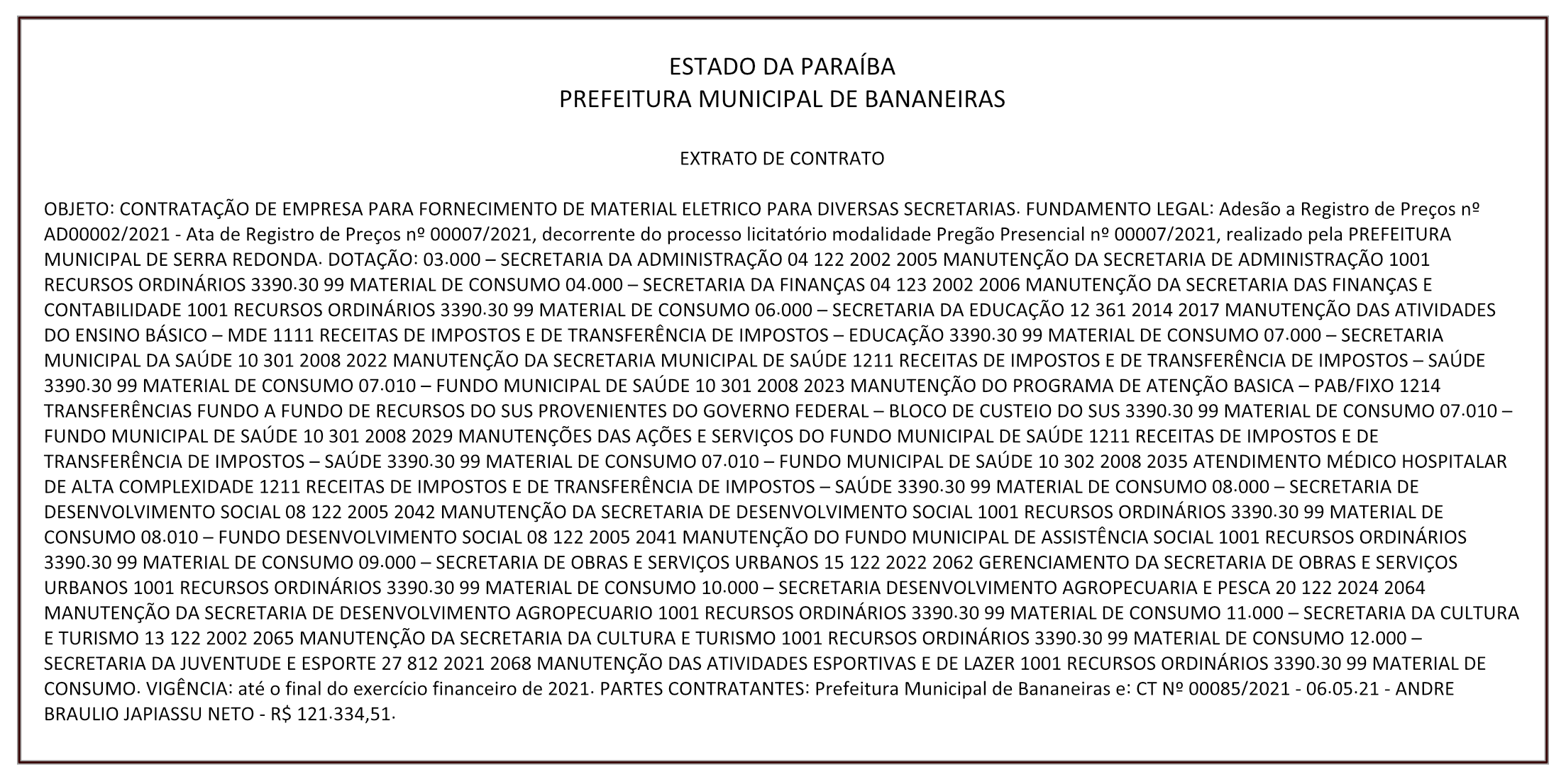 PREFEITURA MUNICIPAL DE BANANEIRAS – EXTRATO DE CONTRATO