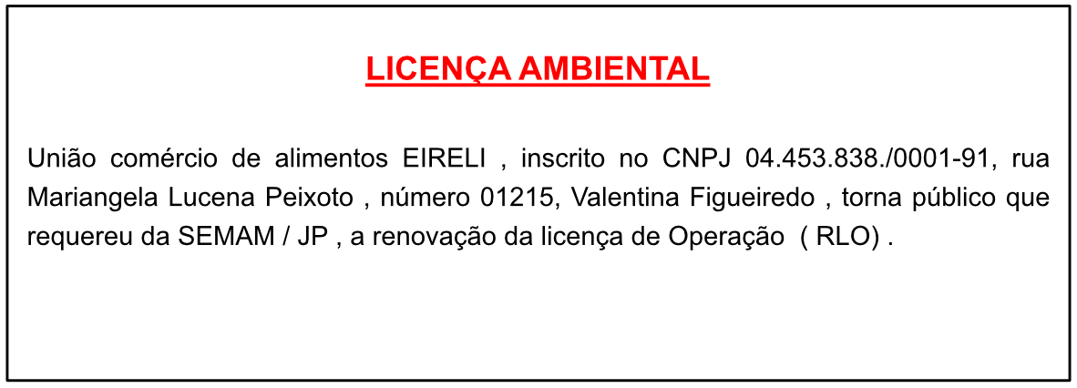 União comércio de alimentos EIRELI – Licença Ambiental