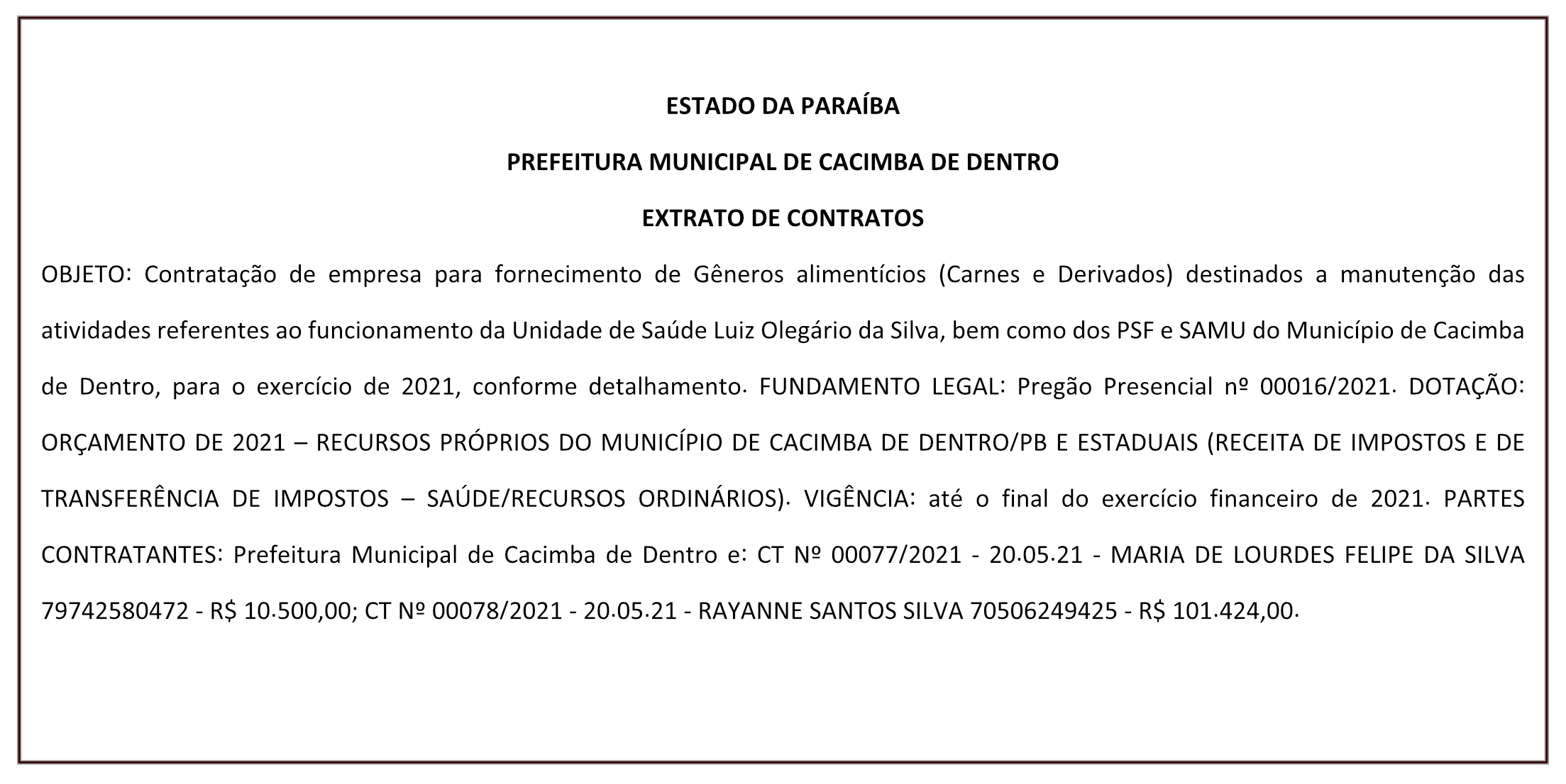 PREFEITURA MUNICIPAL DE CACIMBA DE DENTRO – EXTRATO DE CONTRATOS