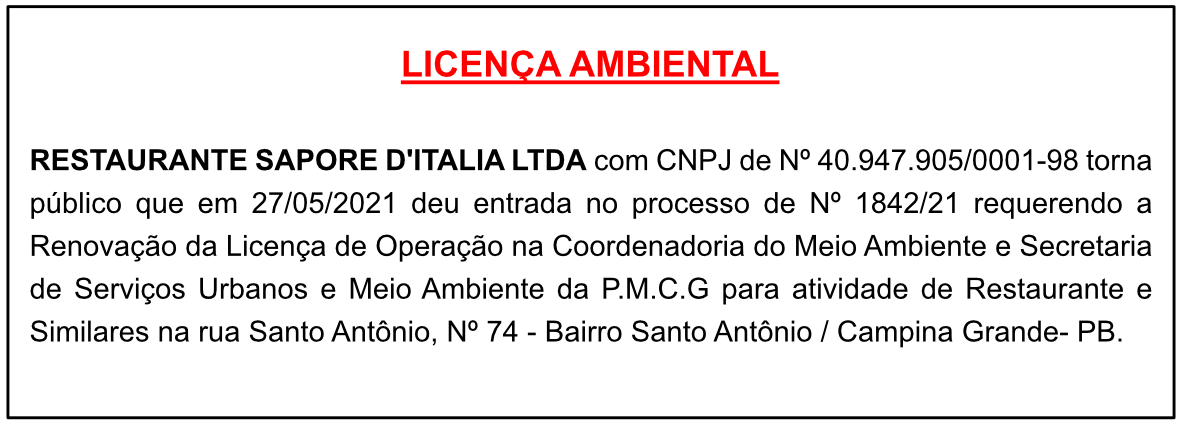 RESTAURANTE SAPORE D’ITALIA LTDA – LICENÇA AMBIENTAL