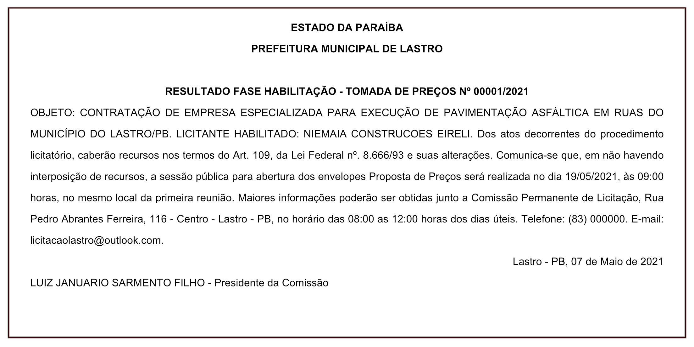 PREFEITURA MUNICIPAL DE LASTRO – RESULTADO FASE HABILITAÇÃO – TOMADA DE PREÇOS Nº 00001/2021