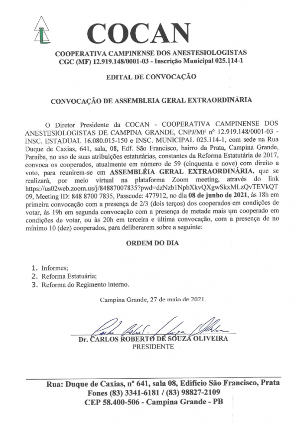 COCAN – EDITAL DE CONVOCAÇÃO DE ASSEMBLEIA GERAL EXTRAORDINÁRIA