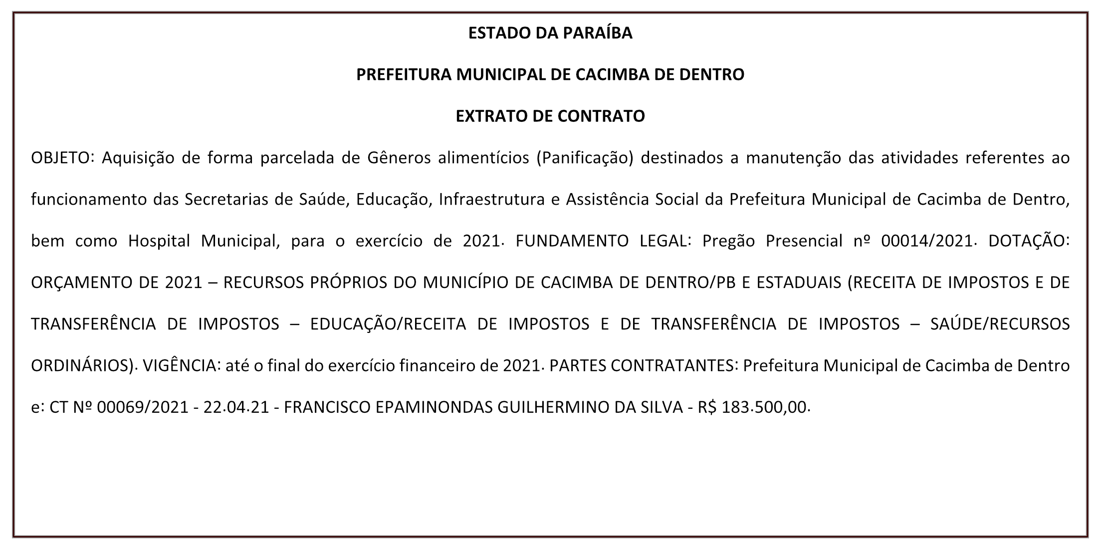 PREFEITURA MUNICIPAL DE CACIMBA DE DENTRO – EXTRATO DE CONTRATO