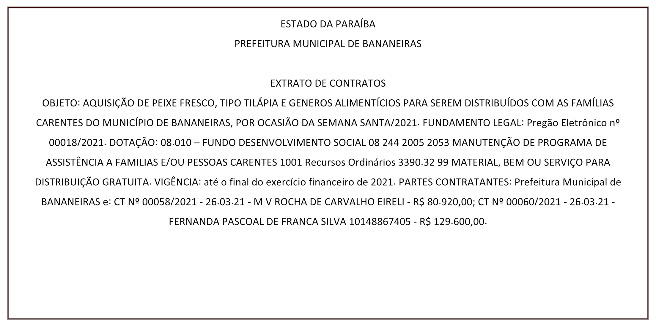 PREFEITURA MUNICIPAL DE BANANEIRAS – EXTRATO DE CONTRATOS
