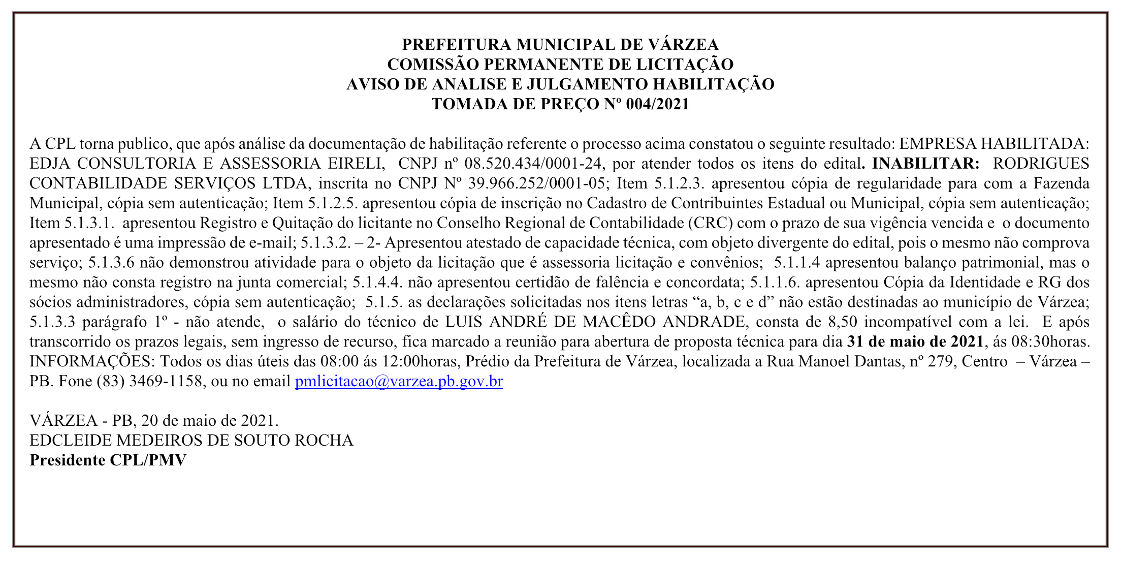PREFEITURA MUNICIPAL DE VÁRZEA – COMISSÃO PERMANENTE DE LICITAÇÃO – AVISO DE ANALISE E JULGAMENTO – HABILITAÇÃO – TOMADA DE PREÇO Nº 004/2021