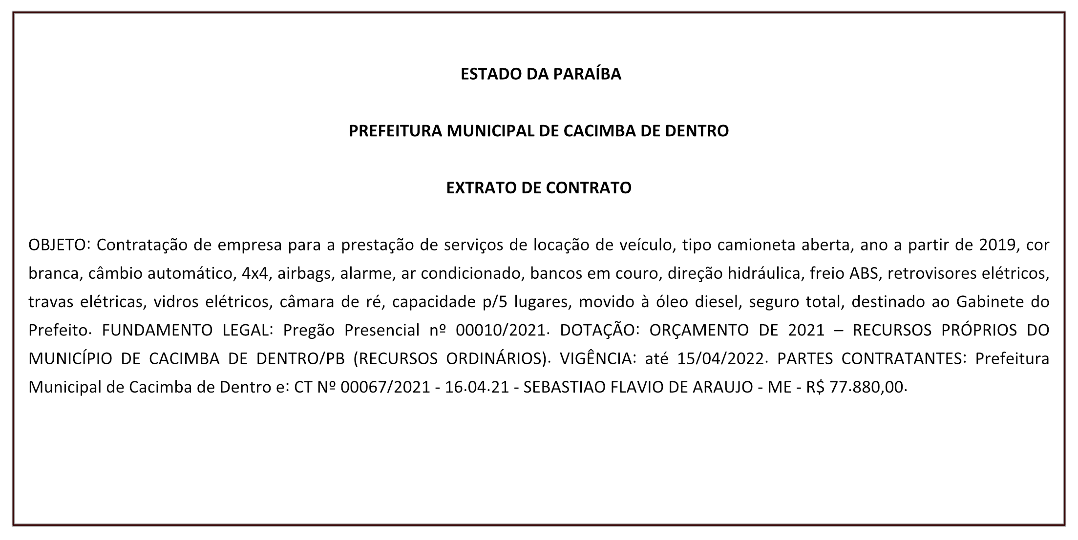 PREFEITURA MUNICIPAL DE CACIMBA DE DENTRO – EXTRATO DE CONTRATO