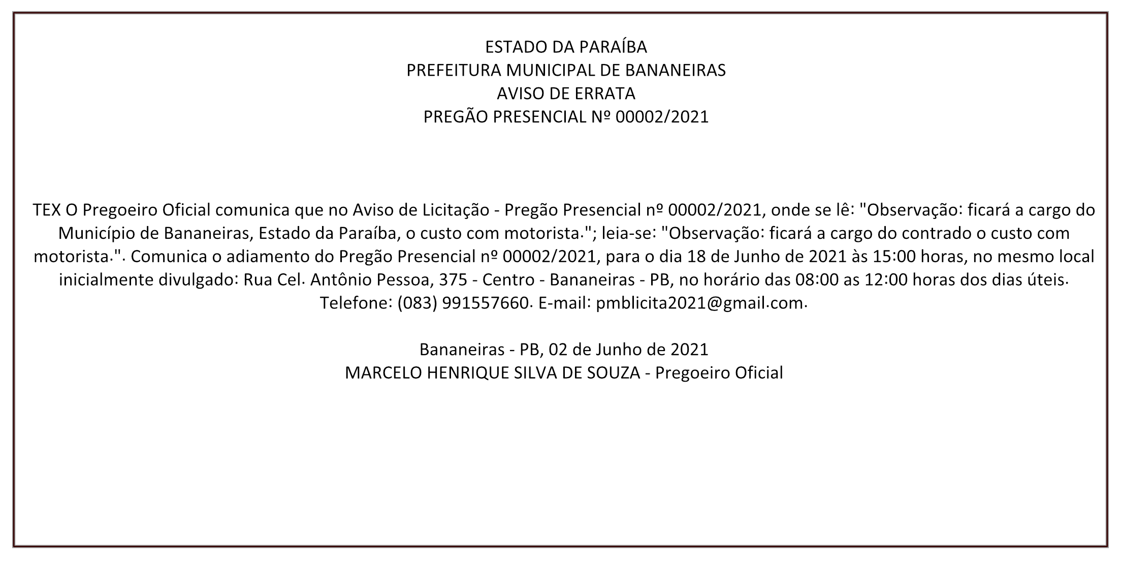 PREFEITURA MUNICIPAL DE BANANEIRAS – AVISO DE ERRATA – PREGÃO PRESENCIAL Nº 00002/2021