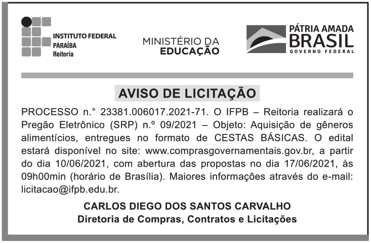IFPB JOÃO PESSOA – Edital – Pregão Eletrônico (SRP) n.º 09/2021