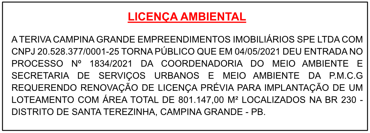 TERIVA CAMPINA GRANDE EMPREENDIMENTOS IMOBILIÁRIOS SPE LTDA – LICENÇA AMBIENTAL
