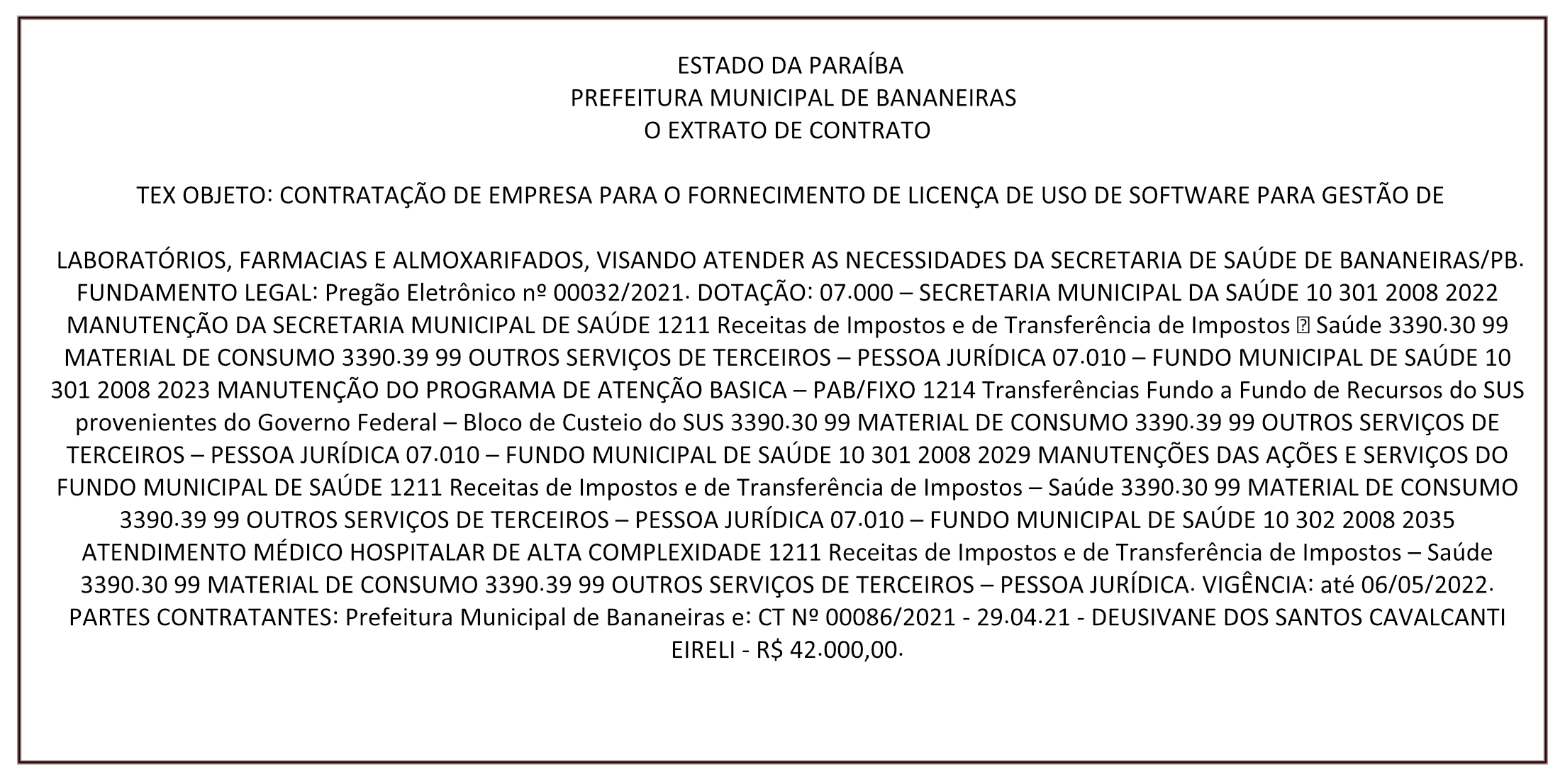 PREFEITURA MUNICIPAL DE BANANEIRAS – EXTRATO DE CONTRATO