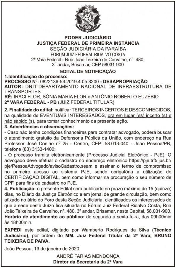DNIT – PB – Edital de Notificação (PROCESSO No: 0822136-53.2019.4.05.8200 – DESAPROPRIAÇÃO)