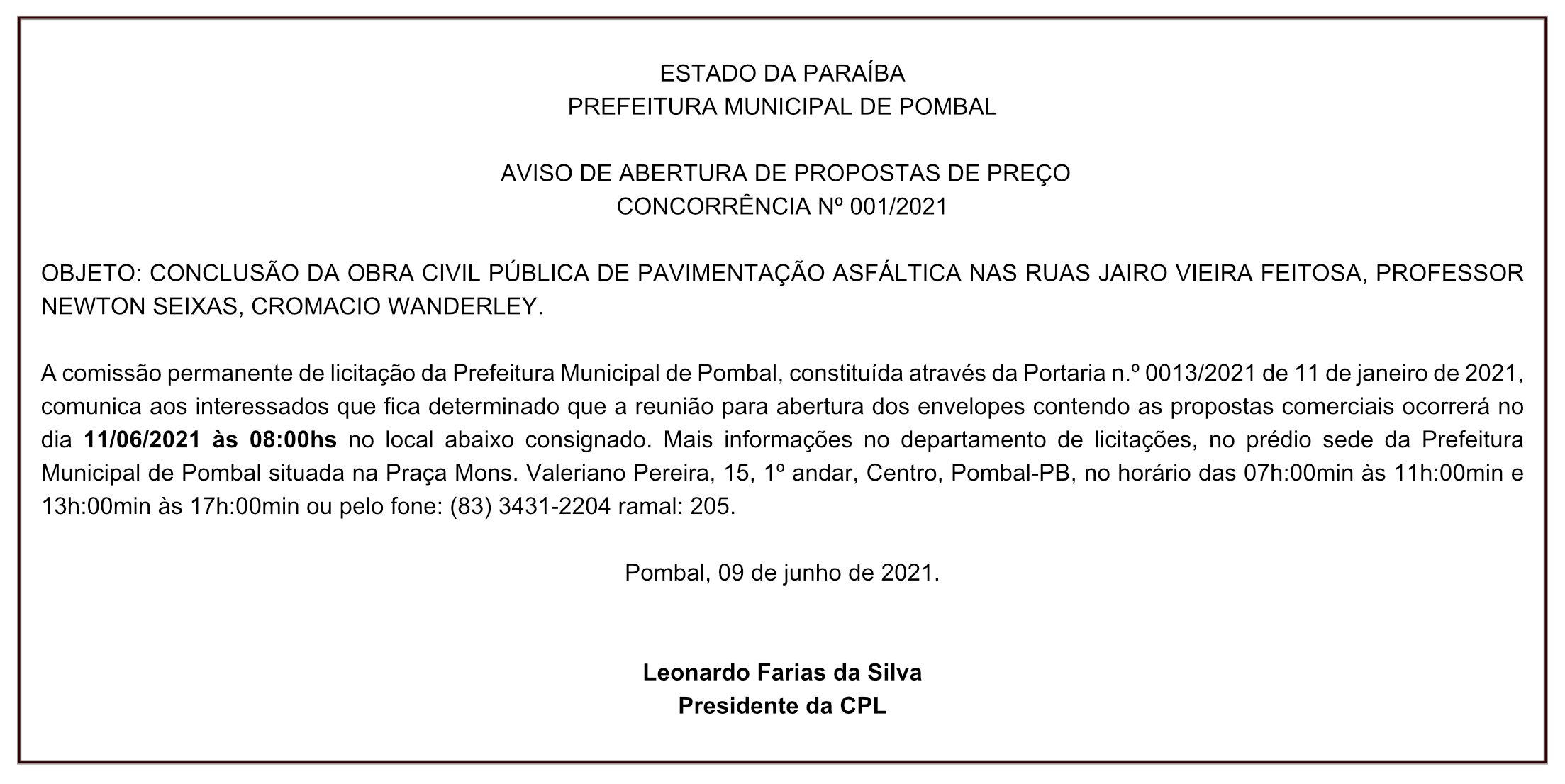 PREFEITURA MUNICIPAL DE POMBAL – AVISO DE ABERTURA DE PROPOSTAS DE PREÇO – CONCORRÊNCIA Nº 001/2021