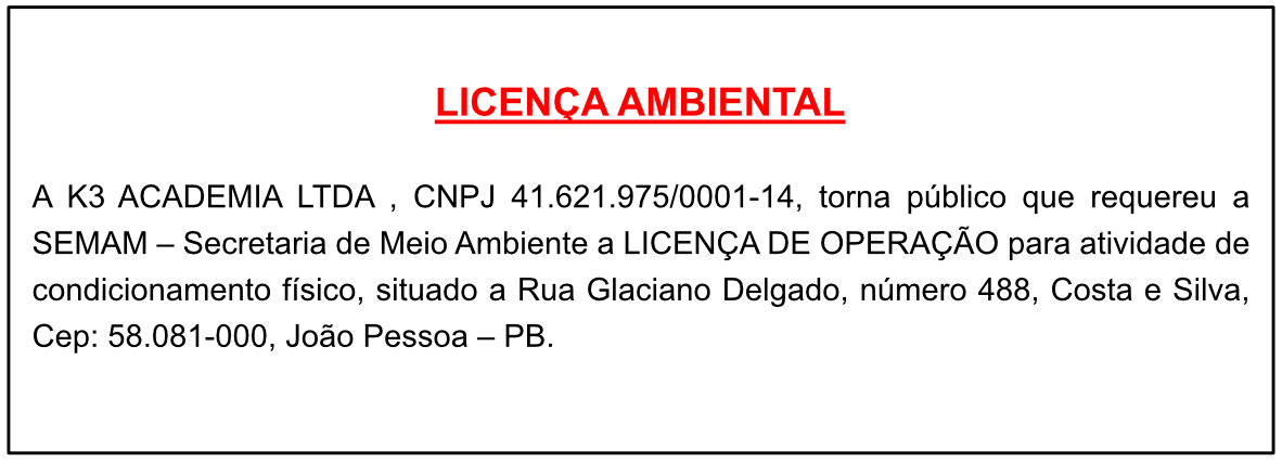 K3 ACADEMIA LTDA – LICENÇA AMBIENTAL