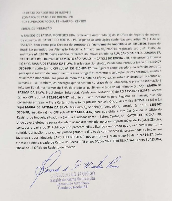 EDITAL DE INTIMAÇÃO – A31908 MARIA DE FATIMA DA SILVA