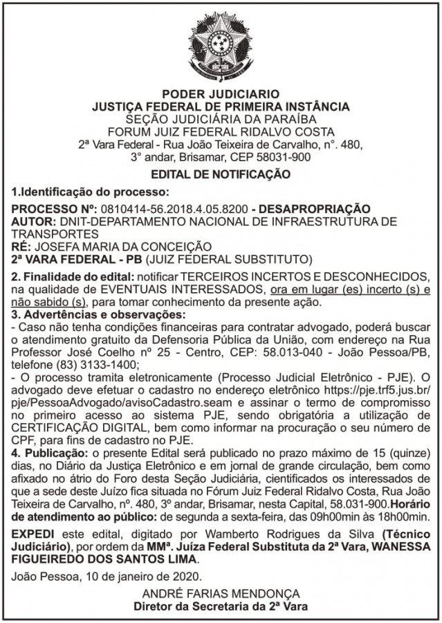 DNIT – PB – Edital de Notificação (PROCESSO No: 0810414-56.2018.4.05.8200 – DESAPROPRIAÇÃO)