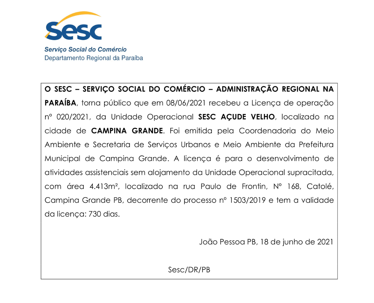 SESC – SERVIÇO SOCIAL DO COMÉRCIO – ADMINISTRAÇÃO REGIONAL NA PARAÍBA – LICENÇA DE OPERAÇÃO nº 020/2021