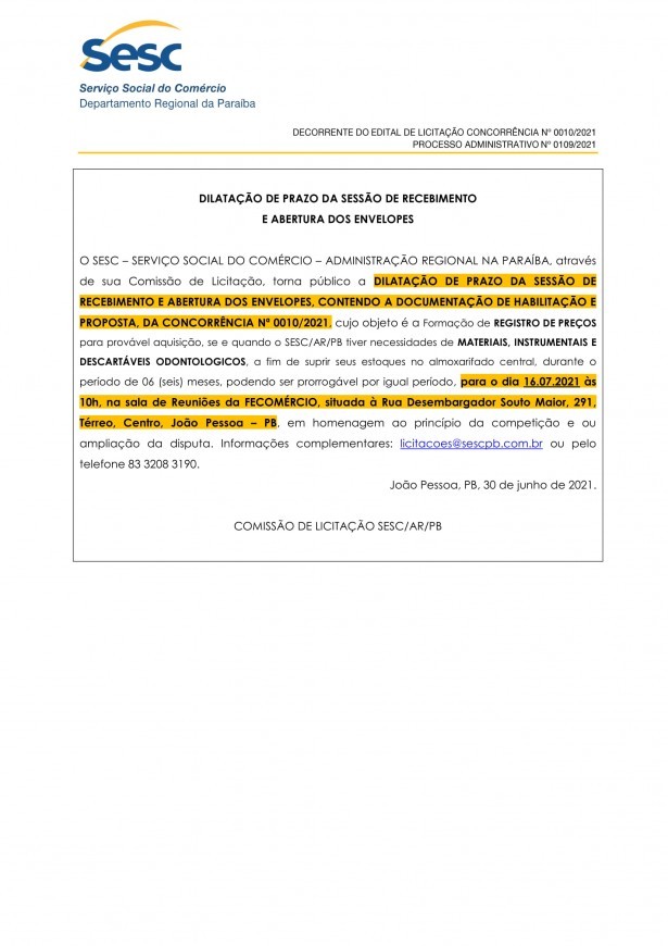 SESC – DILATAÇÃO DE PRAZO DA SESSÃO DE RECEBIMENTO E ABERTURA DOS ENVELOPES