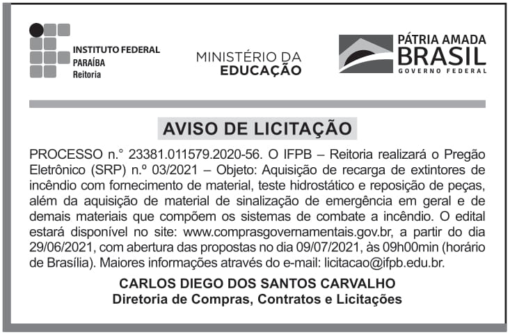IFPB/Reitoria – Pregão Eletrônico (SRP) n.º 03/2021