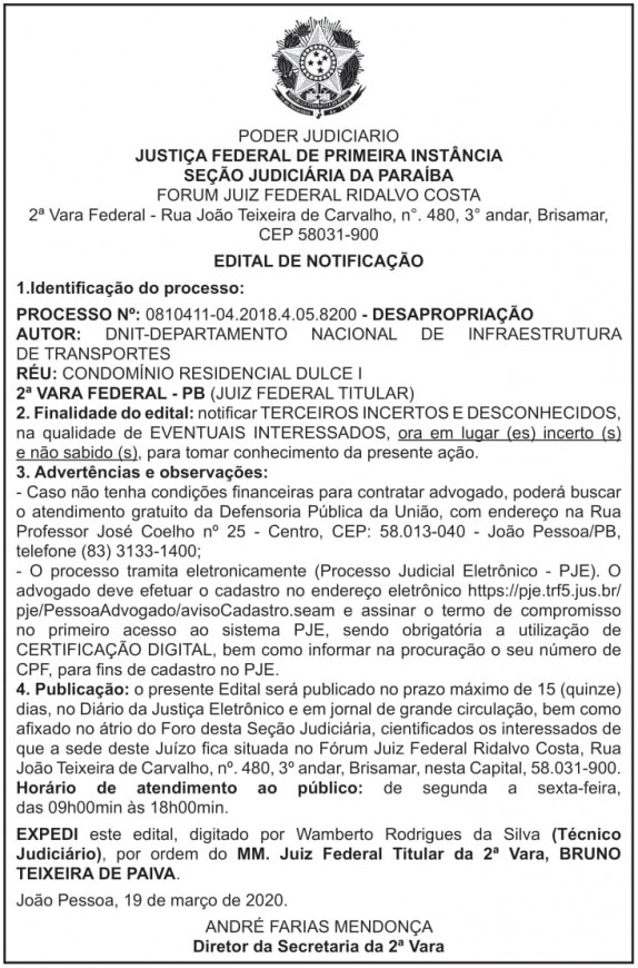 DNIT – PB – EDITAL DE NOTIFICAÇÃO (CONDOMÍNIO RESIDENCIAL DULCE I)