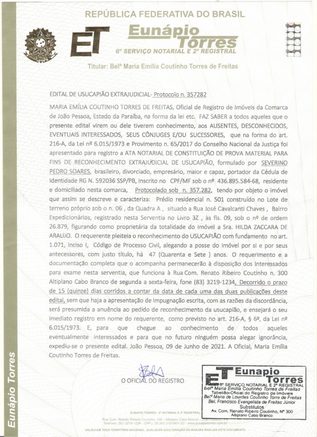 Edital de Intimação de Usucapião Extrajudicial.