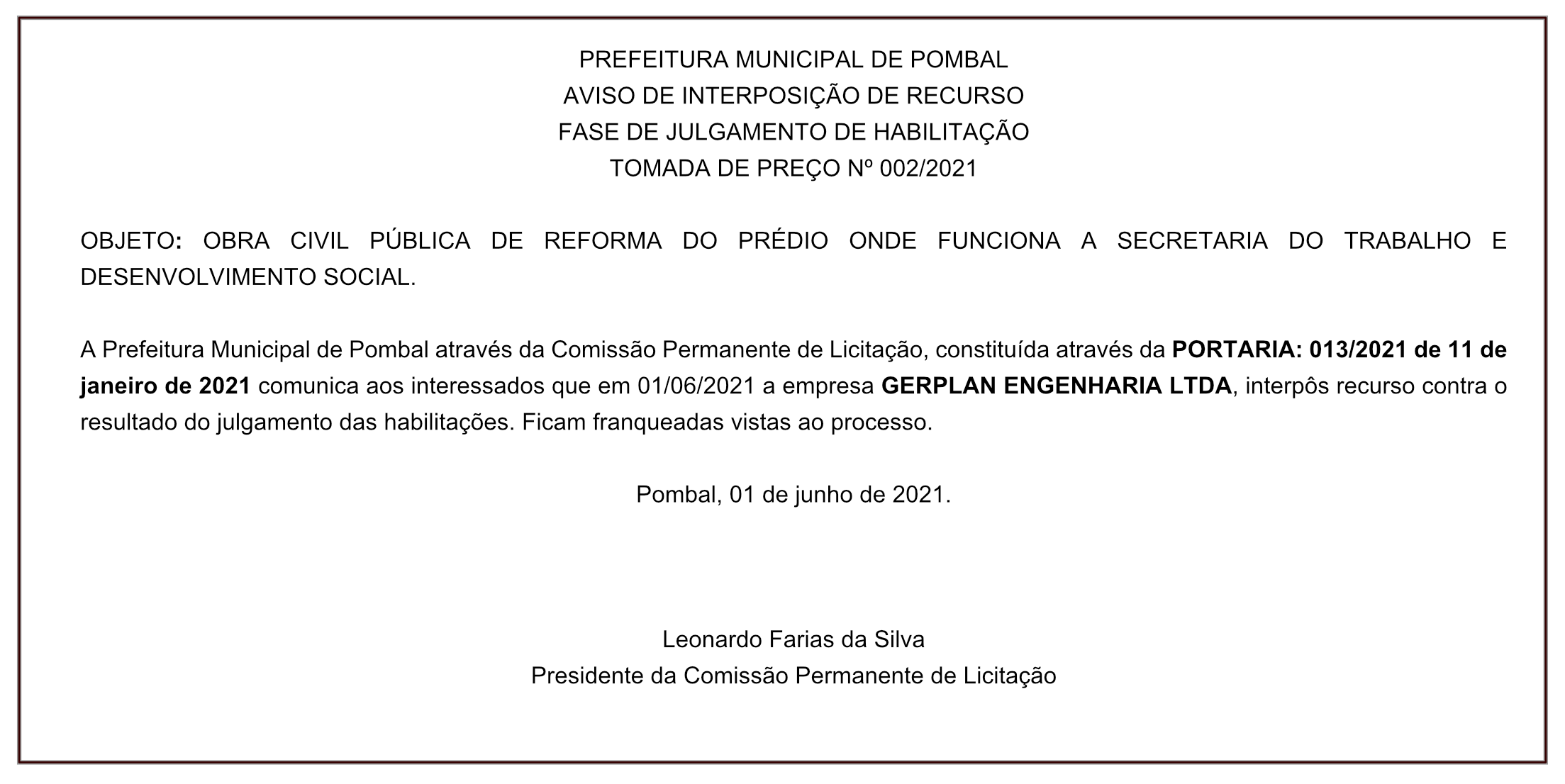 PREFEITURA MUNICIPAL DE POMBAL – AVISO DE INTERPOSIÇÃO DE RECURSO – FASE DE JULGAMENTO DE HABILITAÇÃO – TOMADA DE PREÇO Nº 002/2021