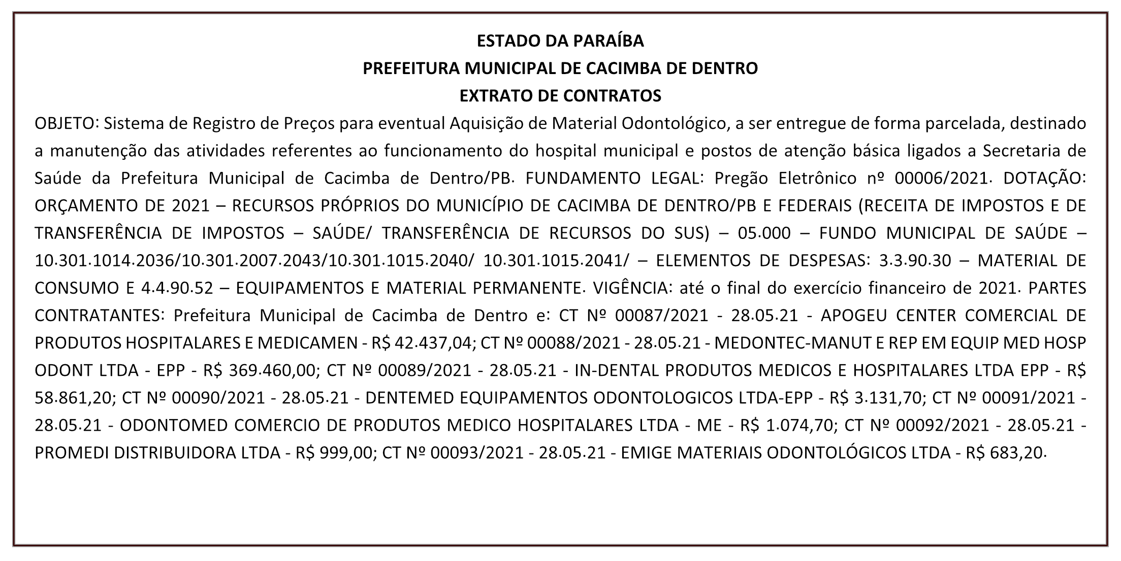 PREFEITURA MUNICIPAL DE CACIMBA DE DENTRO – EXTRATO DE CONTRATOS