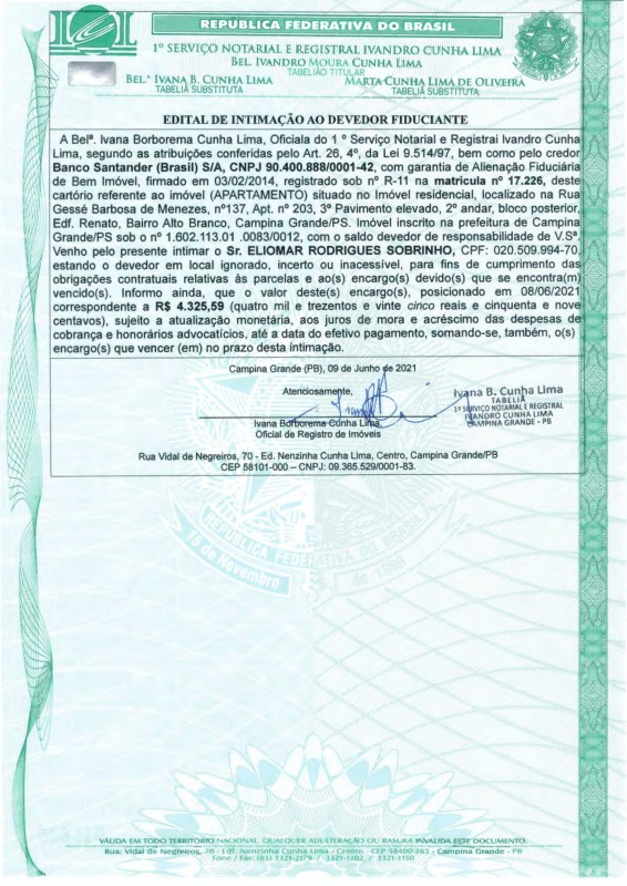 EDITAL DE INTIMAÇÃO AO DEVEDOR FIDUCIANTE- ELIOMAR RODRIGUES SOBRINHO
