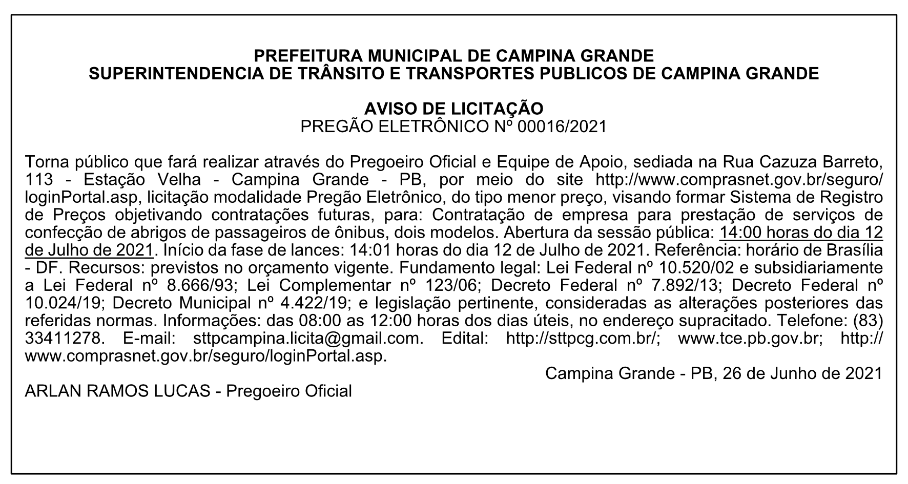 STTP – AVISO DE LICITAÇÃO – PREGÃO ELETRÔNICO Nº 00016/2021