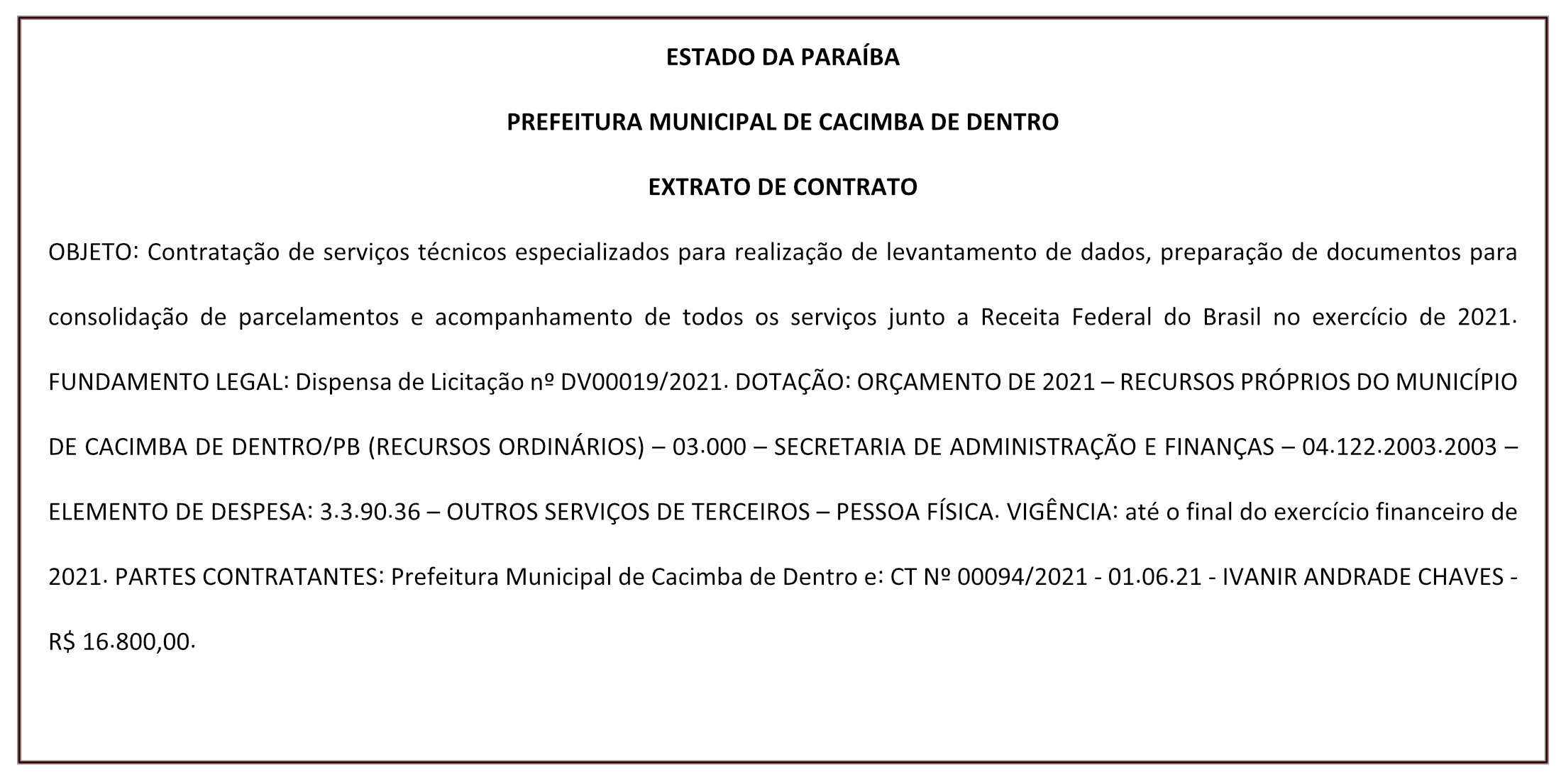 PREFEITURA MUNICIPAL DE CACIMBA DE DENTRO – EXTRATO DE CONTRATO
