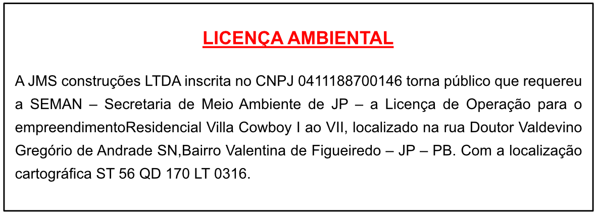 JMS CONSTRUÇÕES LTDA – LICENÇA AMBIENTAL
