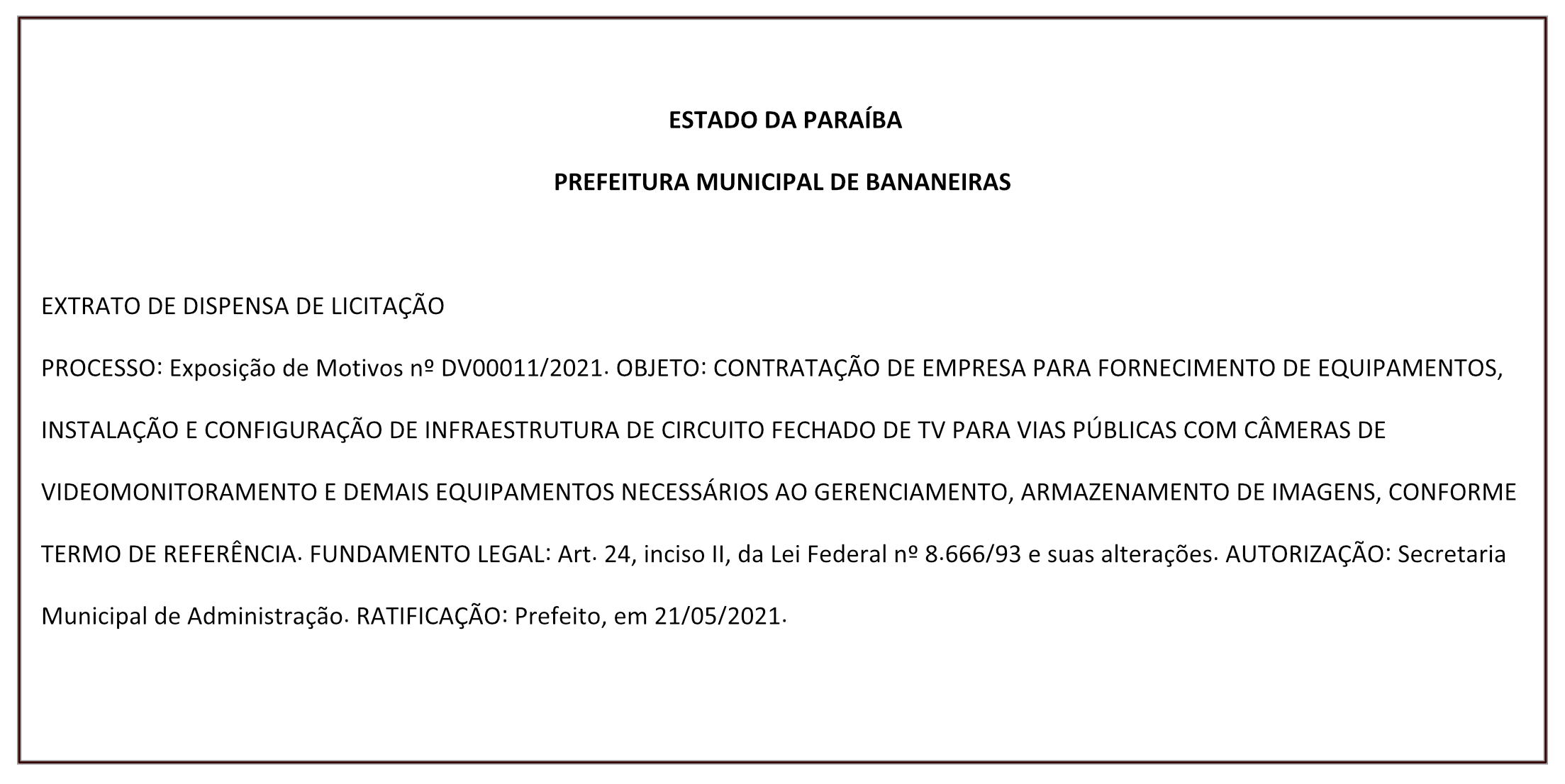 PREFEITURA MUNICIPAL DE BANANEIRAS – EXTRATO DE DISPENSA DE LICITAÇÃO