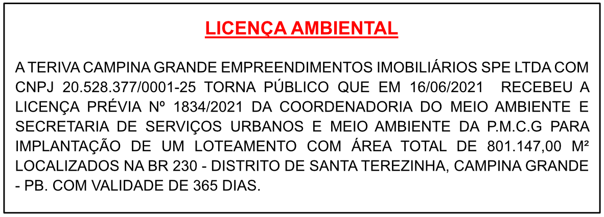 TERIVA CAMPINA GRANDE EMPREENDIMENTOS IMOBILIÁRIOS SPE LTDA – LICENÇA AMBIENTAL
