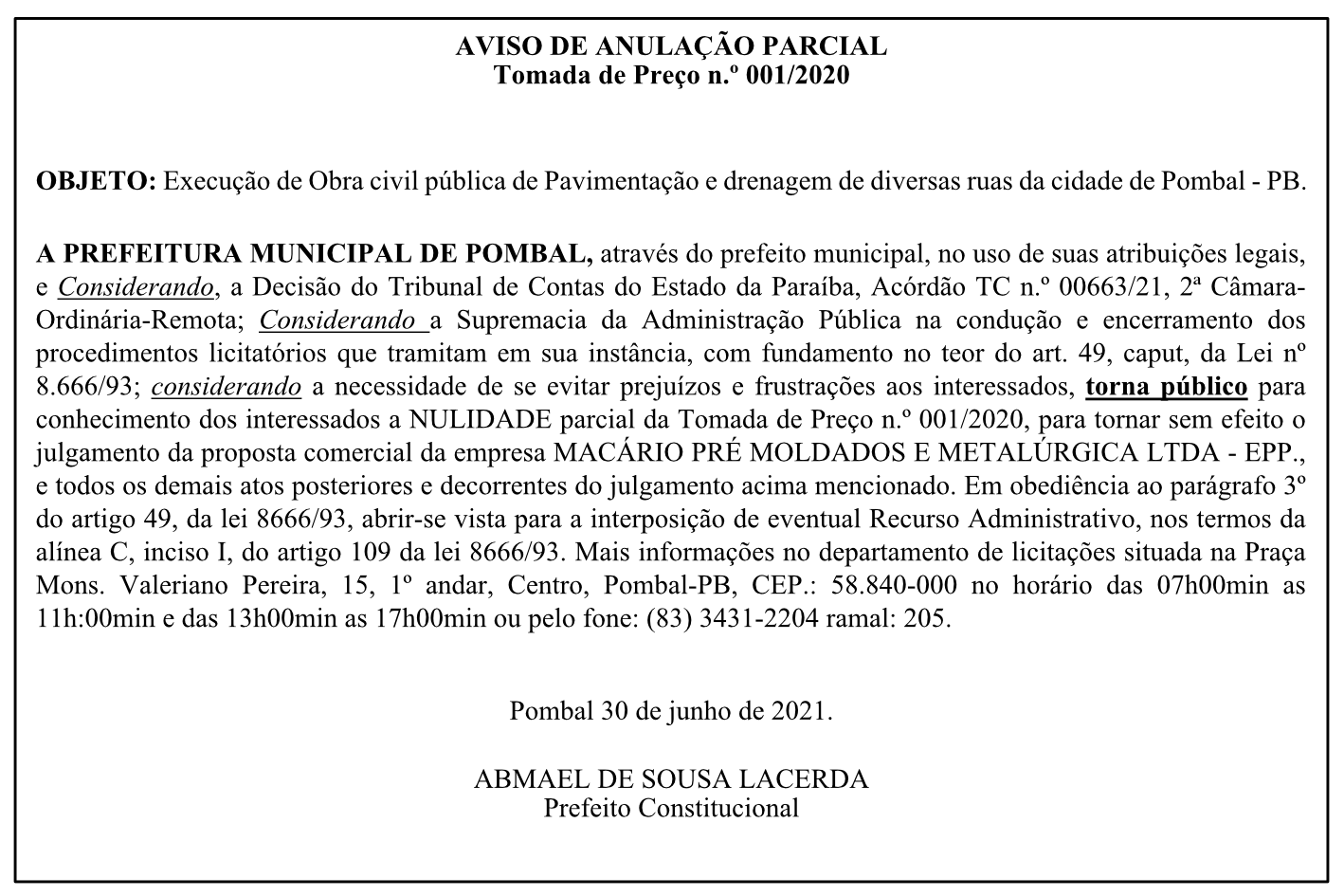 PREFEITURA MUNICIPAL DE POMBAL – AVISO DE ANULAÇÃO PARCIAL – Tomada de Preço n.º 001/2020