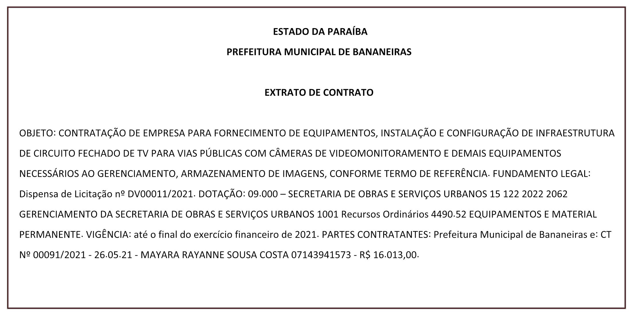 PREFEITURA MUNICIPAL DE BANANEIRAS – EXTRATO DE CONTRATO