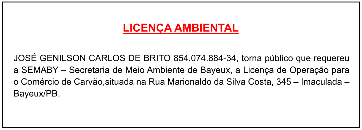 JOSÉ GENILSON CARLOS DE BRITO -LICENÇA AMBIENTAL