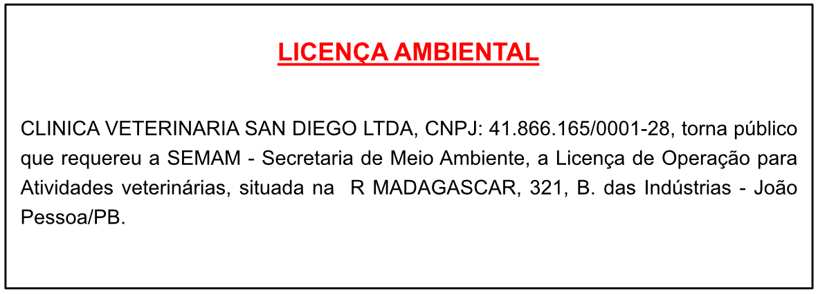 CLINICA VETERINÁRIA SAN DIEGO LTDA – LICENÇA AMBIENTAL