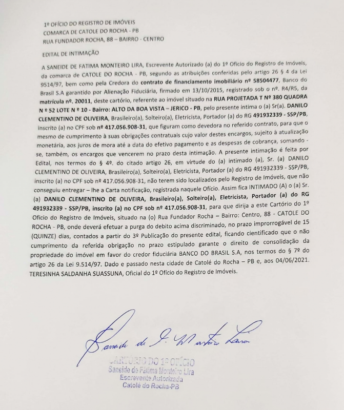 EDITAL DE INTIMAÇÃO – A68194 DANILO CLEMENTINO DE OLIVEIRA