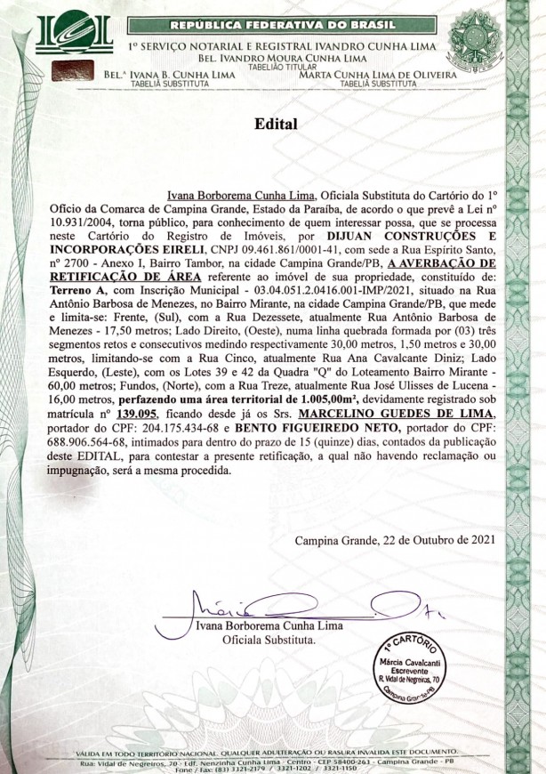 EDITAL – DIJUAN CONSTRUÇÕES E INCORPORAÇÕES EIRELI