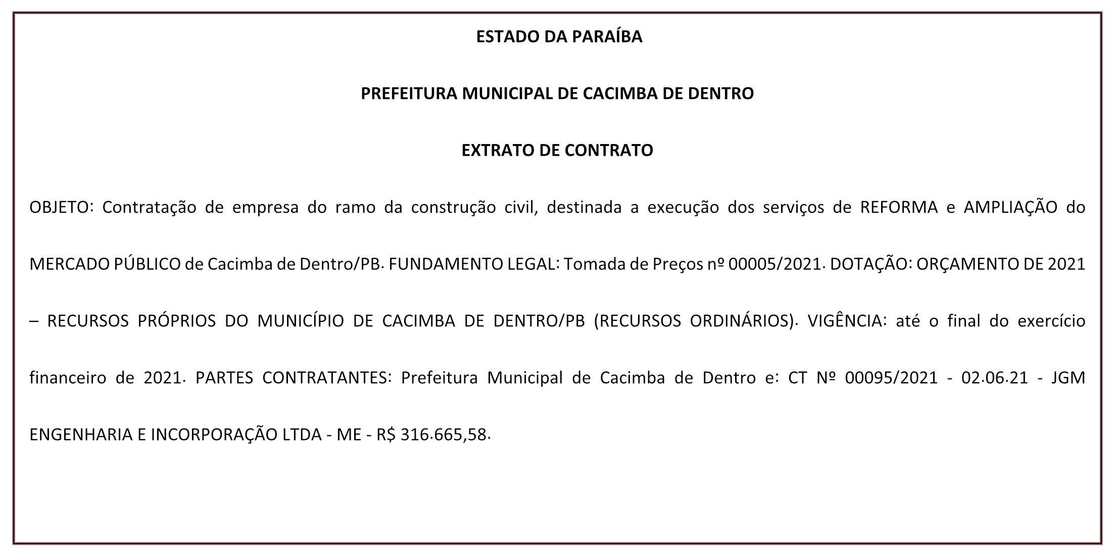 PREFEITURA MUNICIPAL DE CACIMBA DE DENTRO – EXTRATO DE CONTRATO