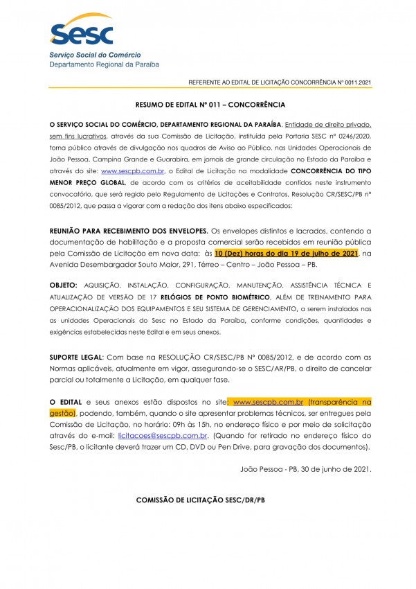 SESC – RESUMO DE EDITAL Nº 011 – CONCORRÊNCIA