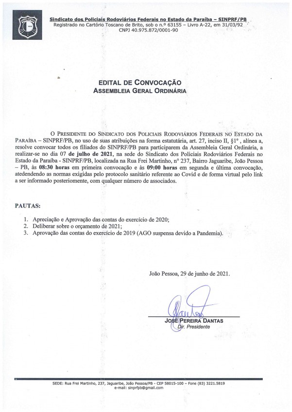 SINPRF/PB – EDITAL DE CONVOCAÇÃO – ASSEMBLEIA GERAL ORDINÁRIA