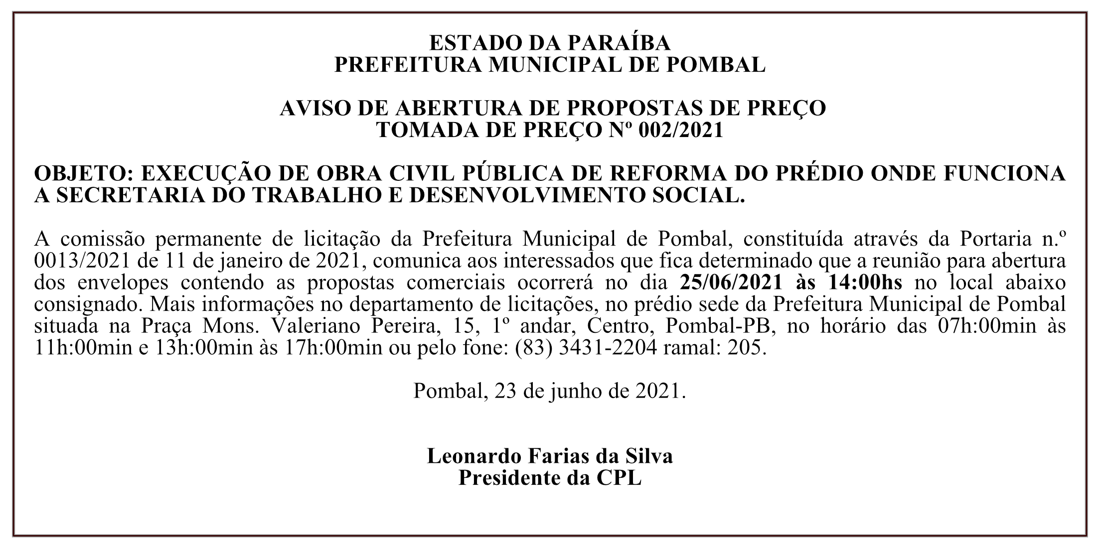 PREFEITURA MUNICIPAL DE POMBAL – AVISO DE ABERTURA DE PROPOSTAS DE PREÇO – TOMADA DE PREÇO Nº 002/2021