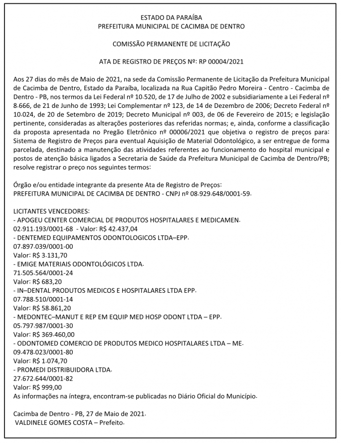 PREFEITURA MUNICIPAL DE CACIMBA DE DENTRO – COMISSÃO PERMANENTE DE LICITAÇÃO – ATA DE REGISTRO DE PREÇOS Nº: RP 00004/2021