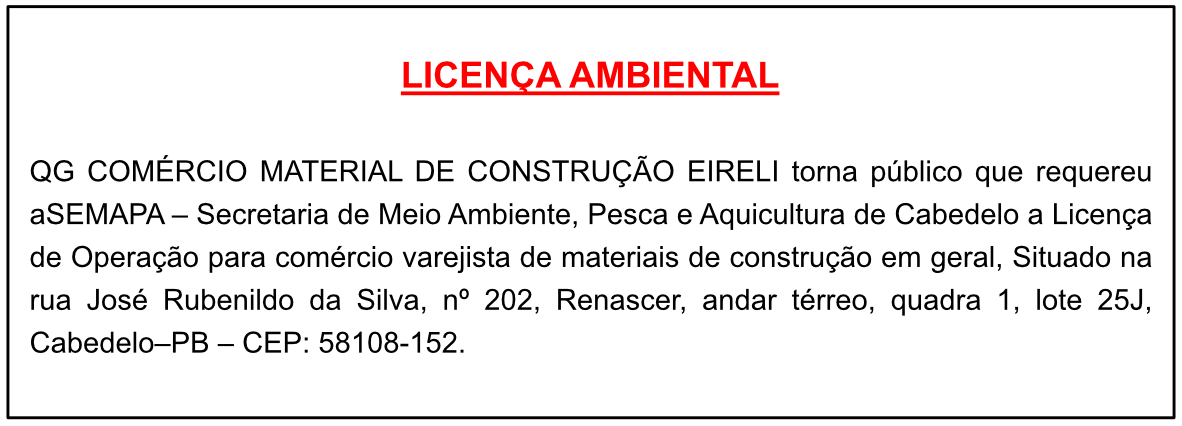 QG COMÉRCIO MATERIAL DE CONSTRUÇÃO EIRELI – LICENÇA AMBIENTAL
