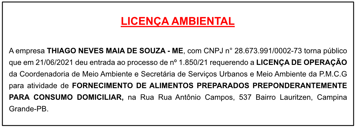 THIAGO NEVES MAIA DE SOUZA – ME – LICENÇA AMBIENTAL