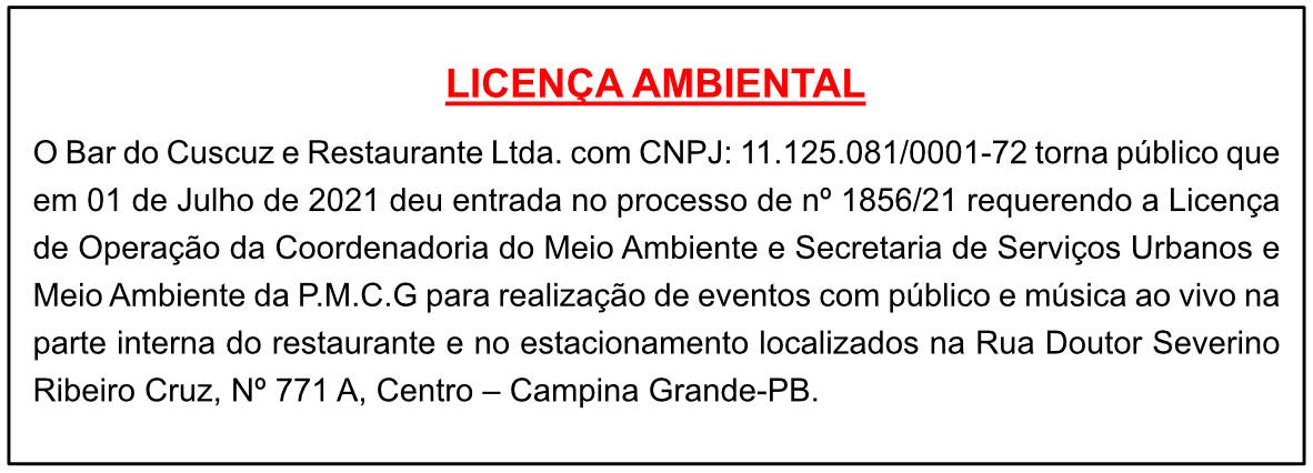 Bar do Cuscuz e Restaurante Ltda – Licença Ambiental